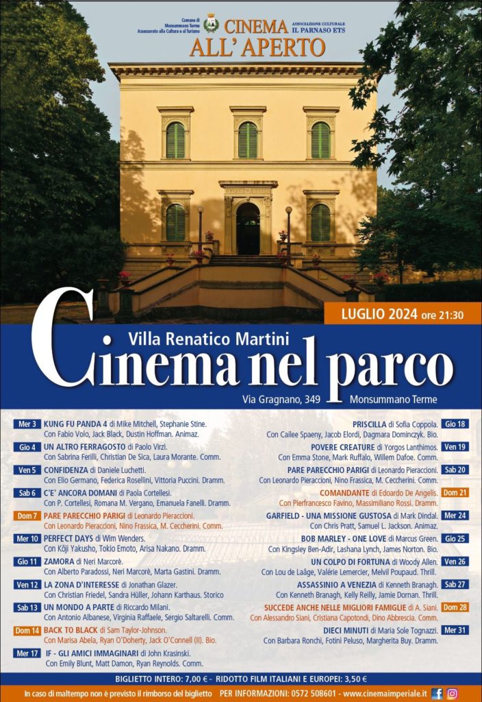 Terzo anno a Monsummano per il ciclo delle proiezioni di film dal titolo "Cinema nel parco" nel verde di Villa Renatico Martini